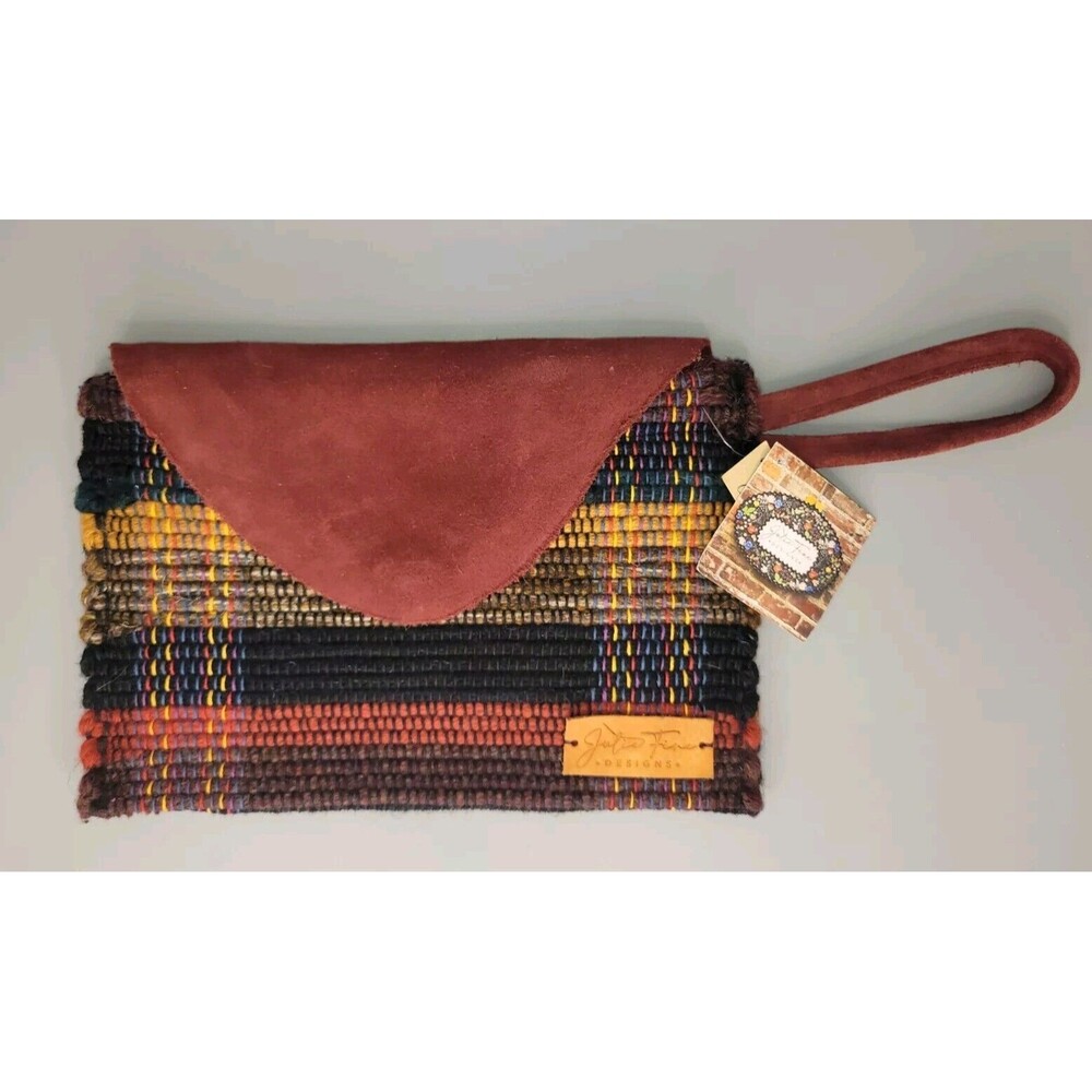 Julie Fine Designs Woven Rug Wristlet Bag Western Boho Leather Flap Maroon